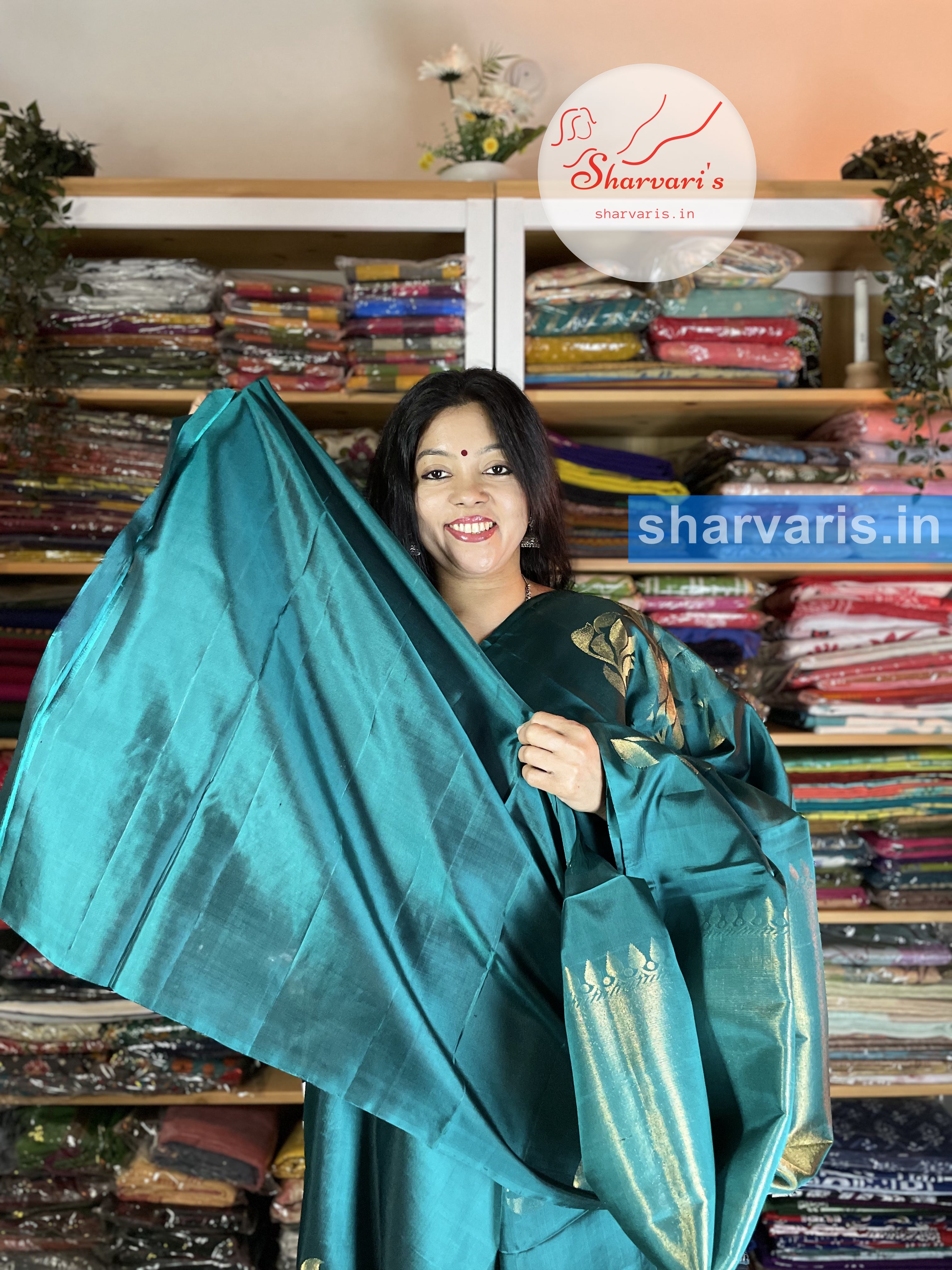 The Perfect Occasion Look - Peacock Green Silk Saree and Contrast Blouse