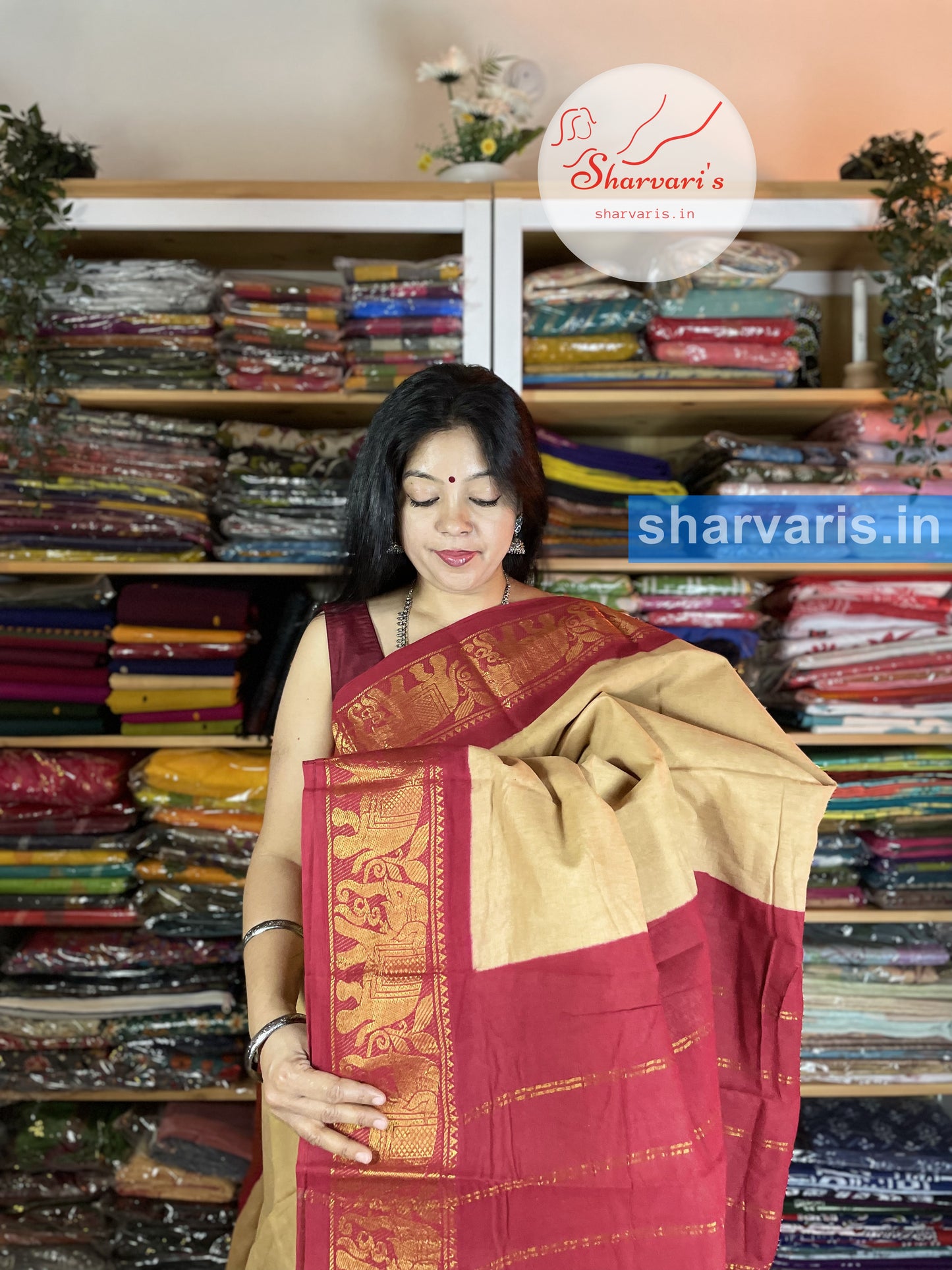 Beige and Red Madurai Sungudi Cotton Saree