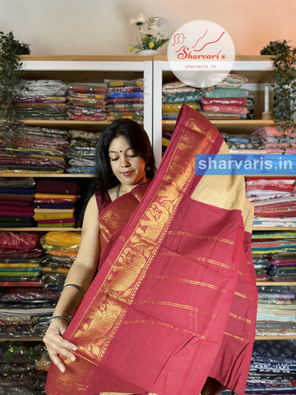 Beige and Red Madurai Sungudi Cotton Saree