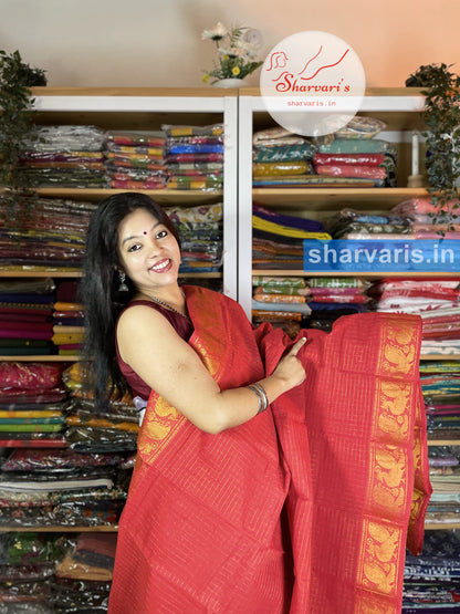 Red Madurai Sungudi Cotton Saree with Zari Checks