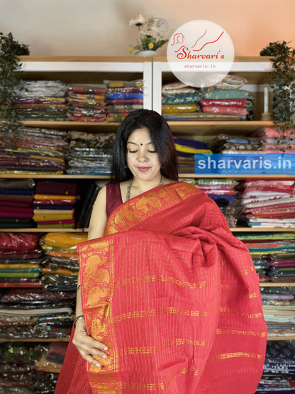 Red Madurai Sungudi Cotton Saree with Zari Checks