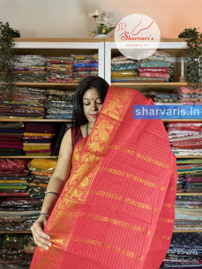 Red Madurai Sungudi Cotton Saree with Zari Checks