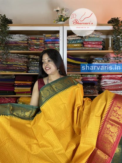 Turmeric Yellow Madurai Sungudi Cotton Saree with Ganga Jamuna Borders