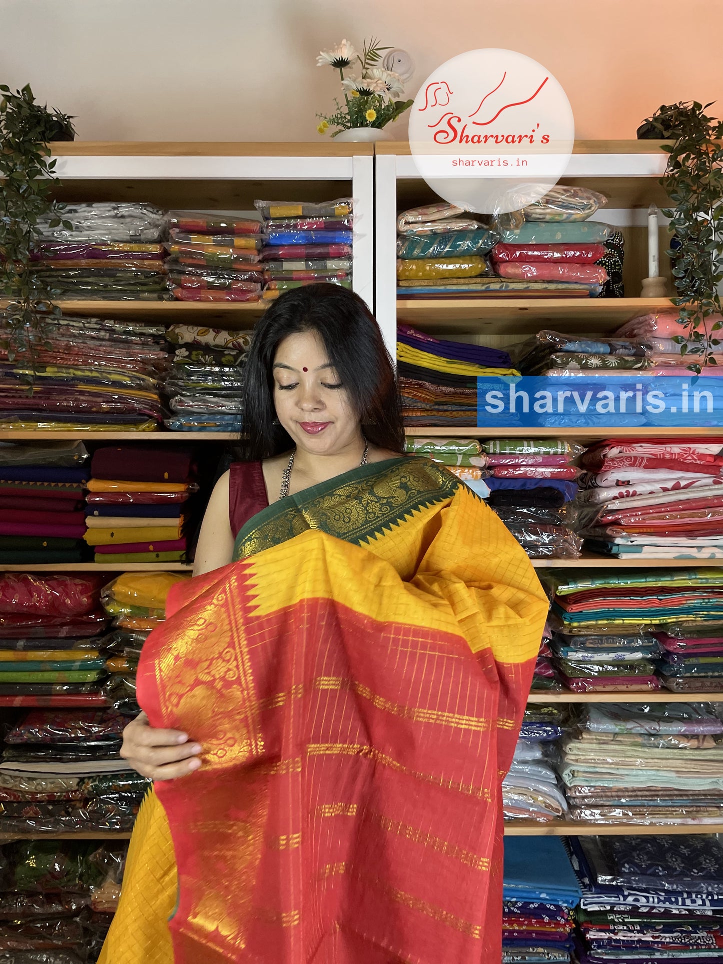 Turmeric Yellow Madurai Sungudi Cotton Saree with Ganga Jamuna Borders