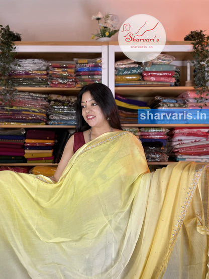 Shaded Yellow Crushed Chiffon Party Wear Saree with Stone Work