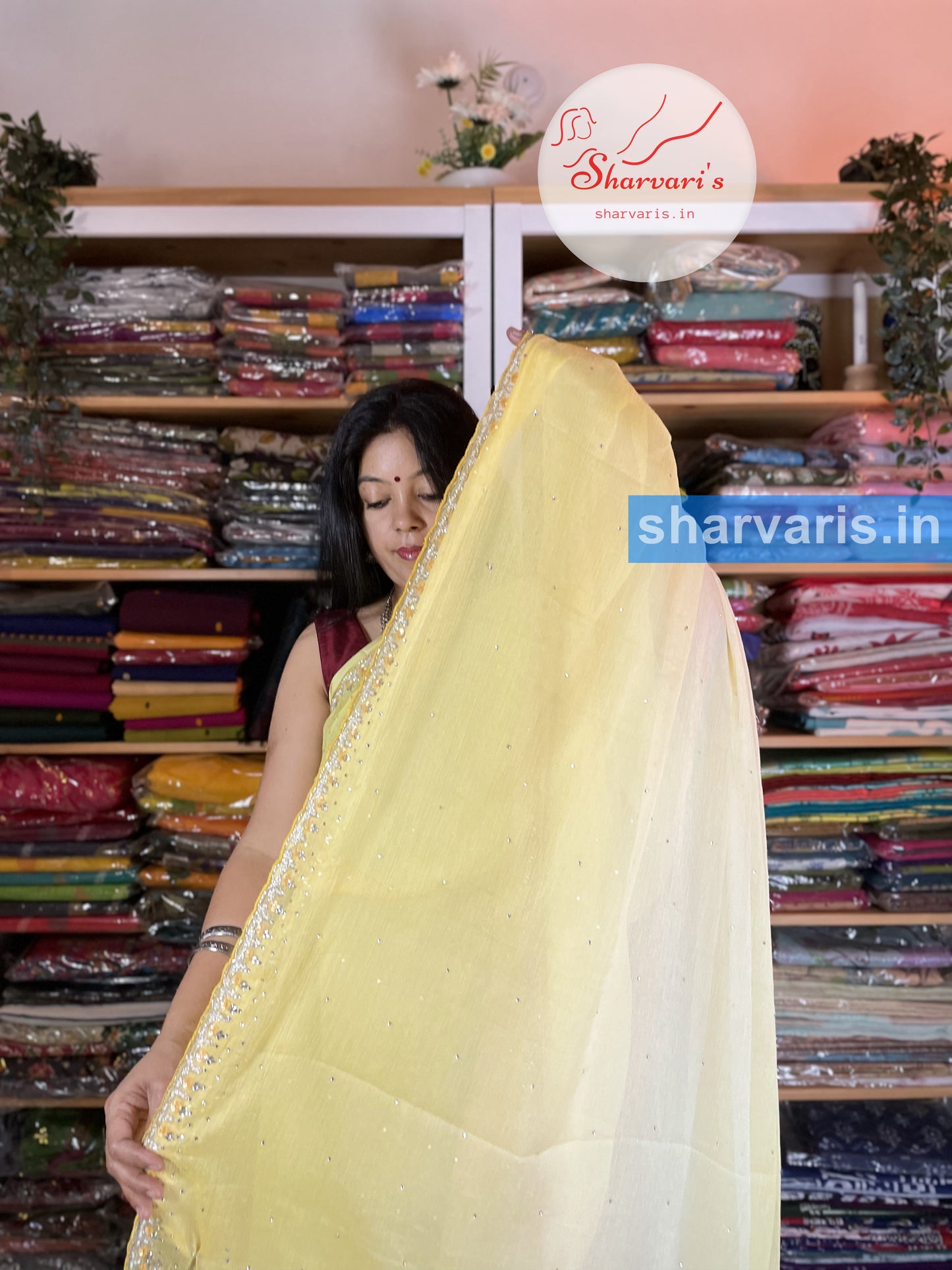 Shaded Yellow Crushed Chiffon Party Wear Saree with Stone Work