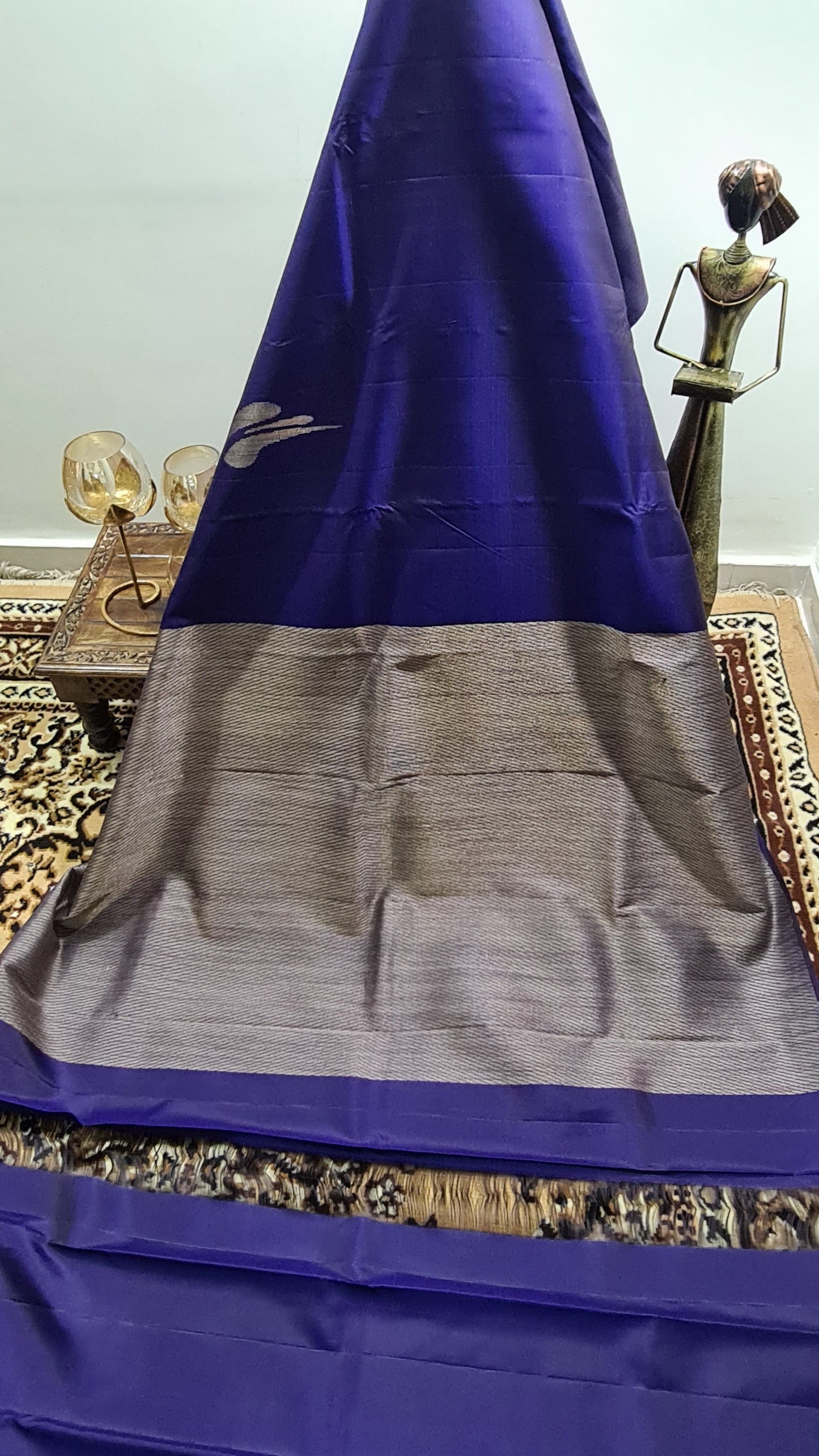 Midnight Blue and Antique Gold Kanchipuram  Silk