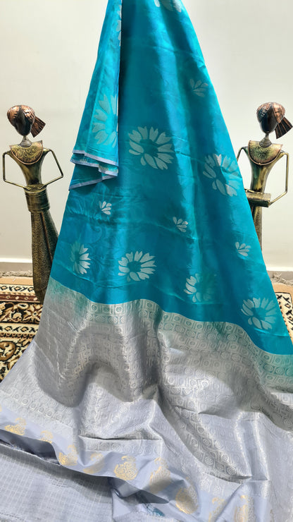 Turquoise Blue and Pale Grey Kanchipuram Silk Saree