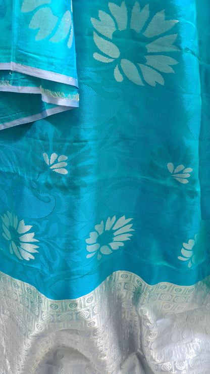 Turquoise Blue and Pale Grey Kanchipuram Silk Saree