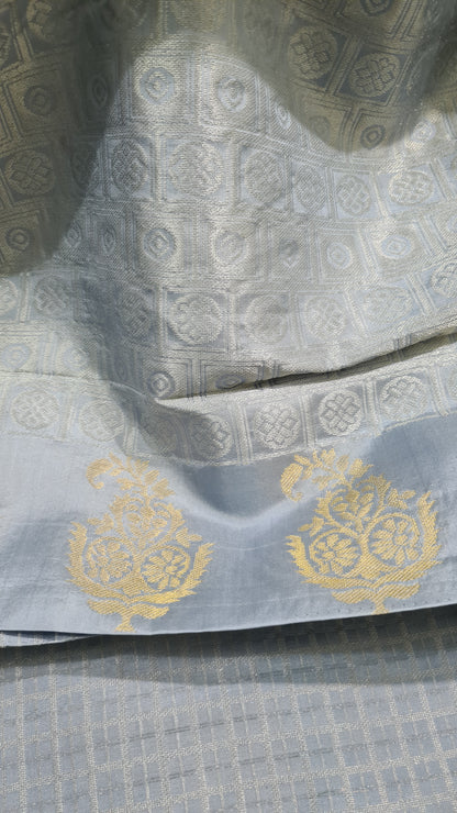 Turquoise Blue and Pale Grey Kanchipuram Silk Saree