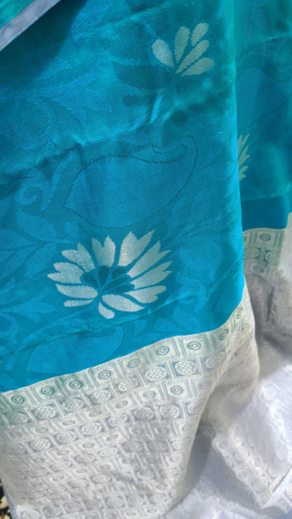 Turquoise Blue and Pale Grey Kanchipuram Silk Saree