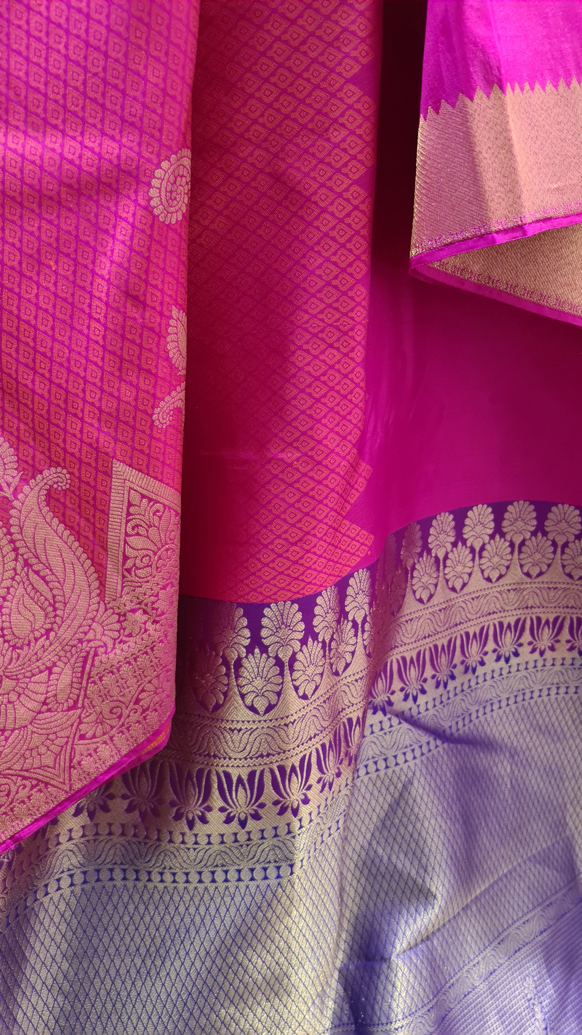 Royal Fuchsia Pink Saree in Soft Silk with Three Colored Zari