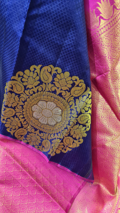 Midnight blue and Fuchsia Pink Kanchipuram Silk Saree