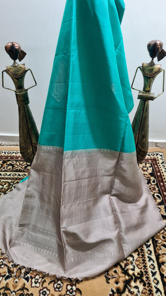 Teal Blue and Grey Kanchipuram Silk Saree