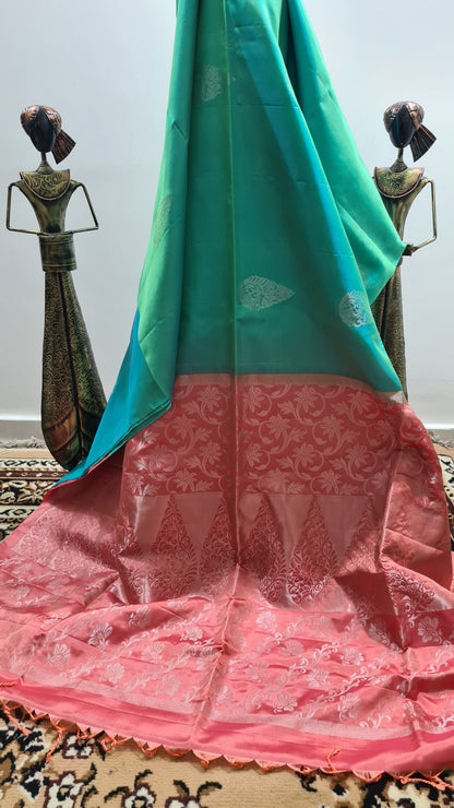 Teal Green and Peach Kanchipuram Silk Saree