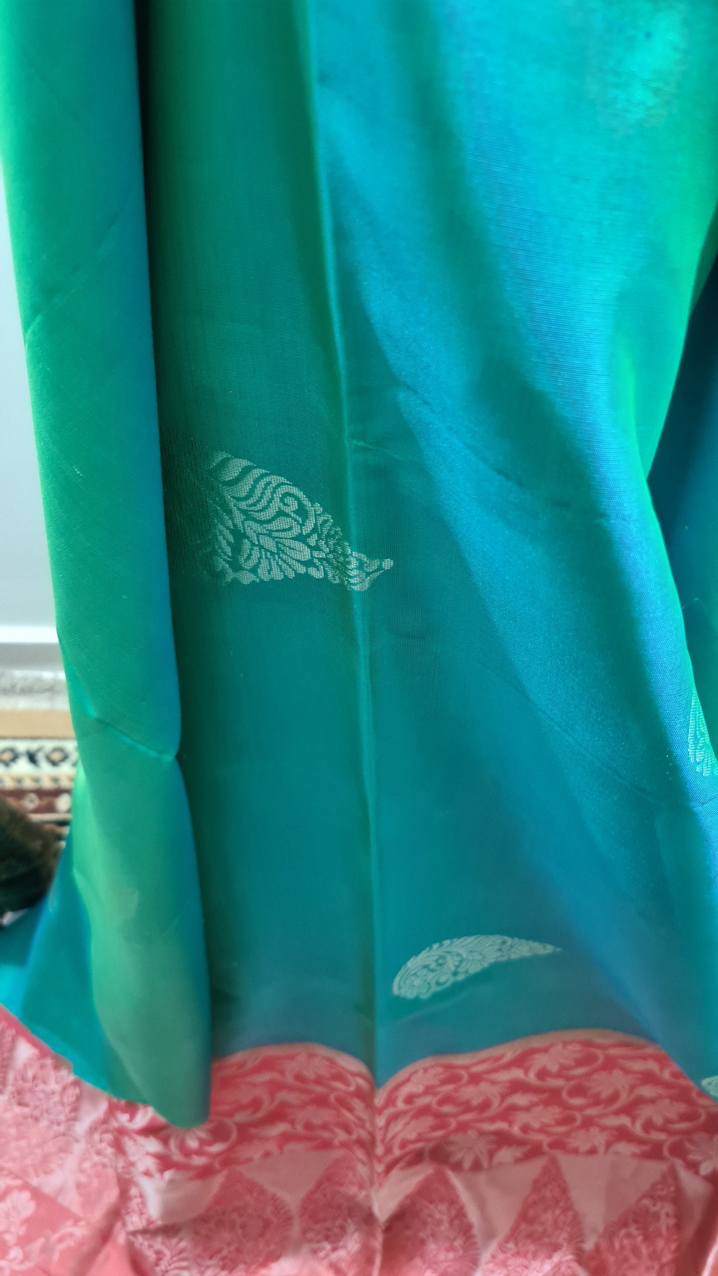 Teal Green and Peach Kanchipuram Silk Saree