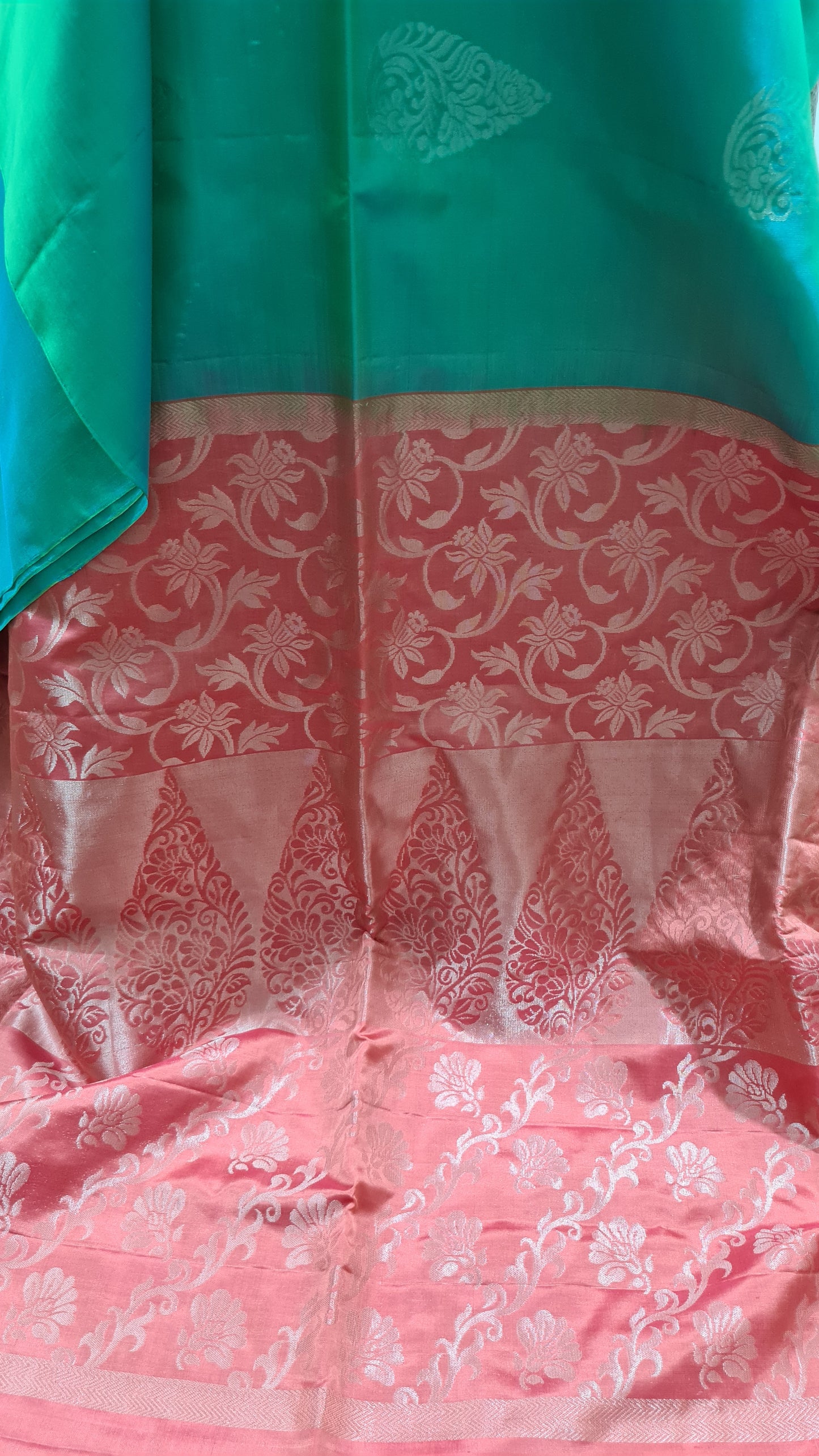 Teal Green and Peach Kanchipuram Silk Saree