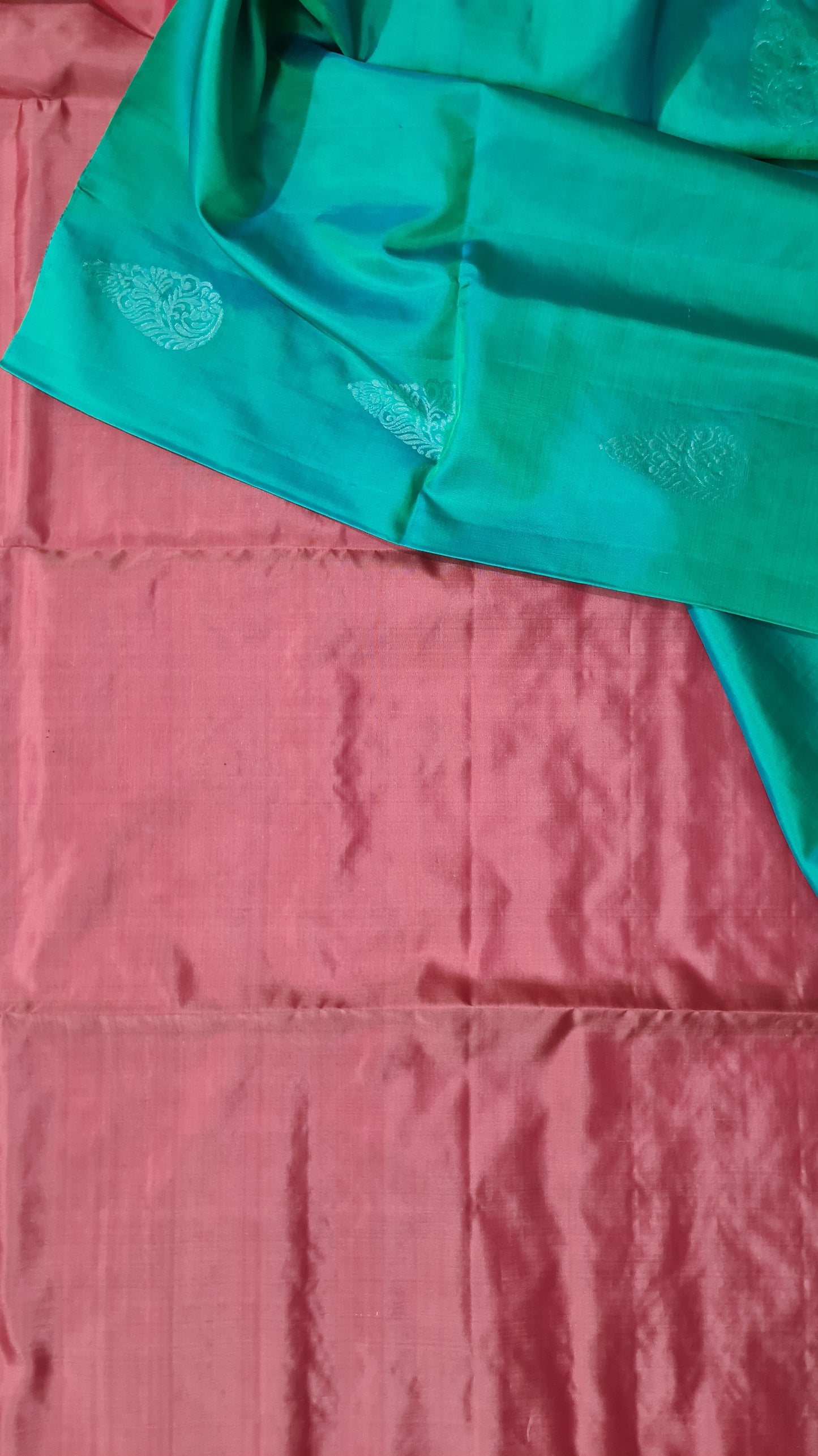 Teal Green and Peach Kanchipuram Silk Saree