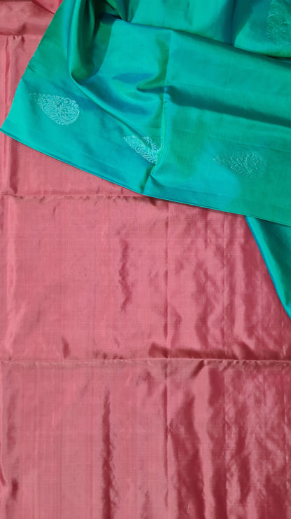 Teal Green and Peach Kanchipuram Silk Saree