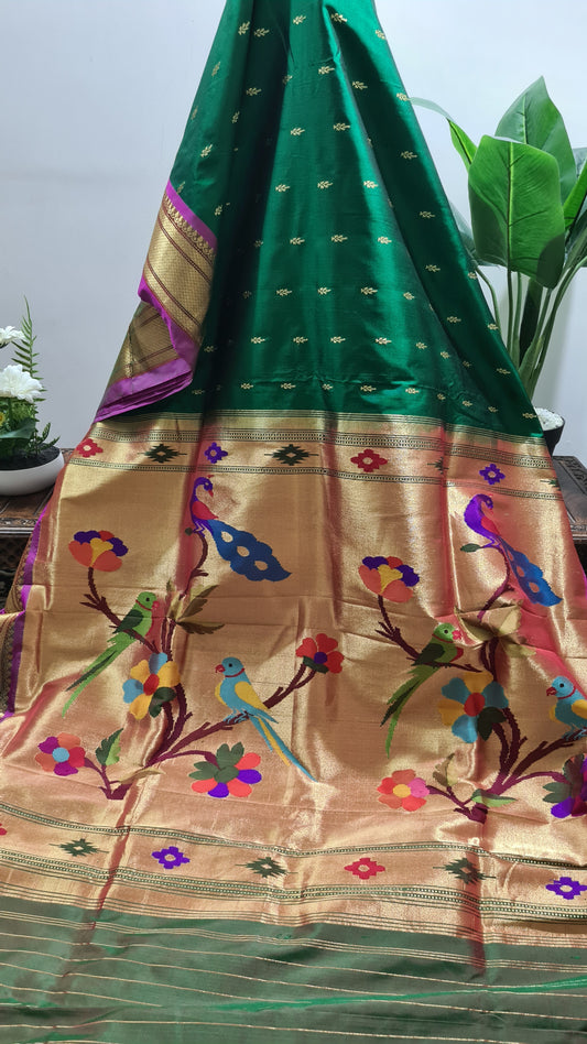 Leaf Green and Pink Paithani Silk Saree