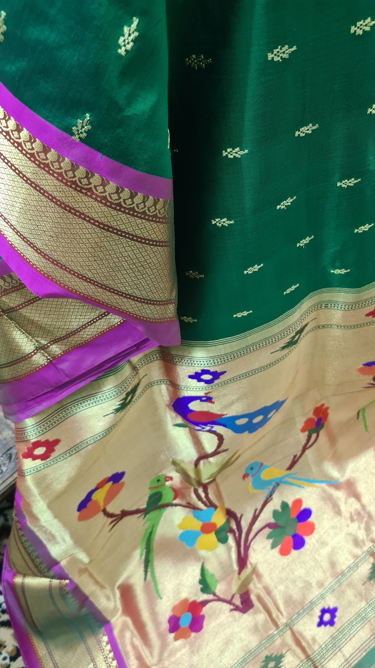 Leaf Green and Pink Paithani Silk Saree