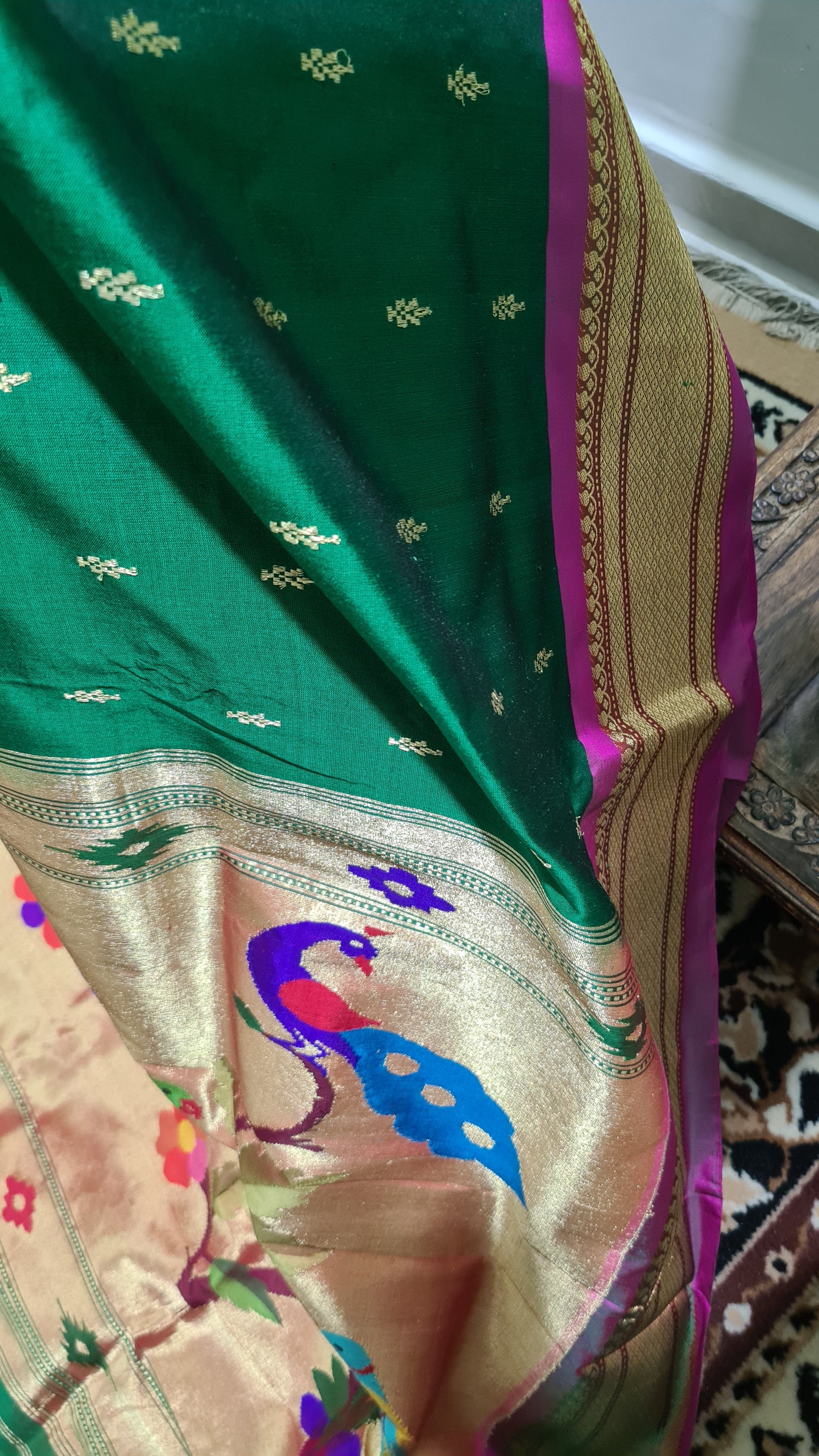 Leaf Green and Pink Paithani Silk Saree