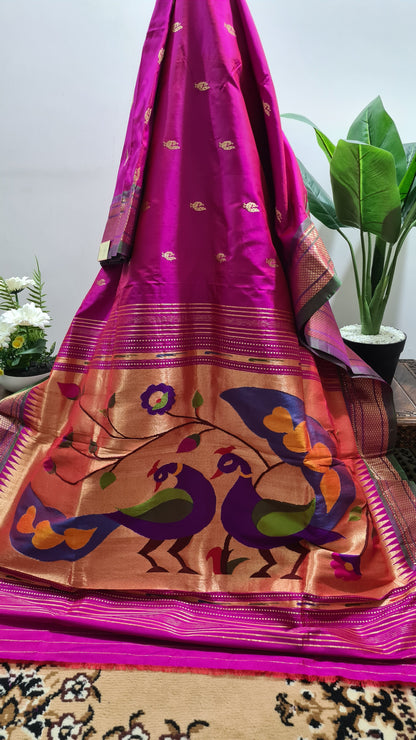 Magenta and Green Paithani Silk