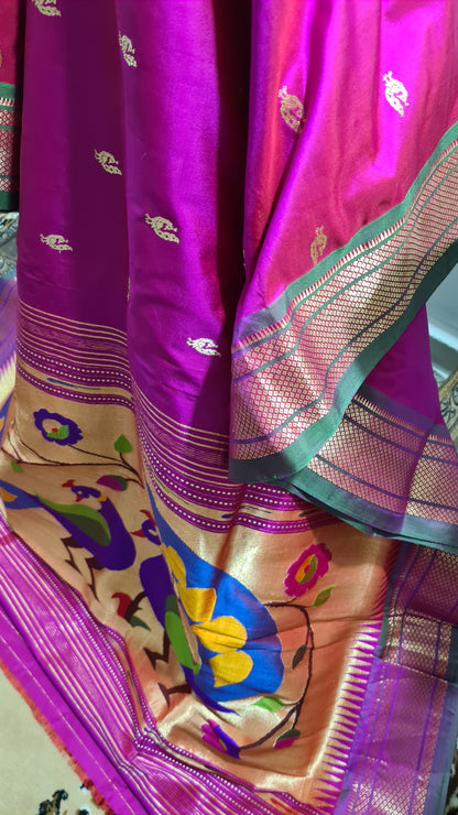 Magenta and Green Paithani Silk