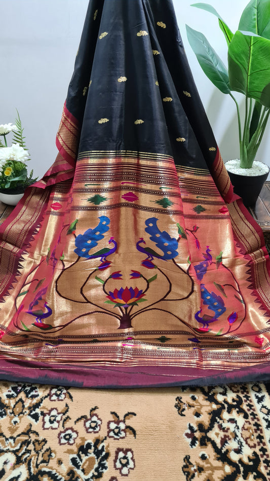 Black and Red Paithani Silk