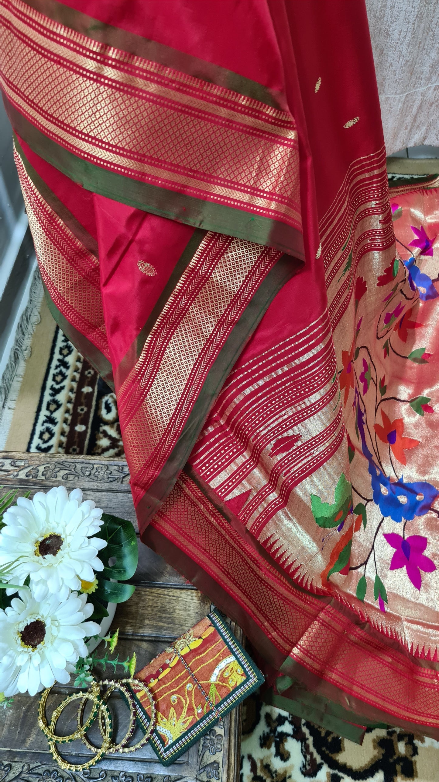 Red and Green Paithani Silk