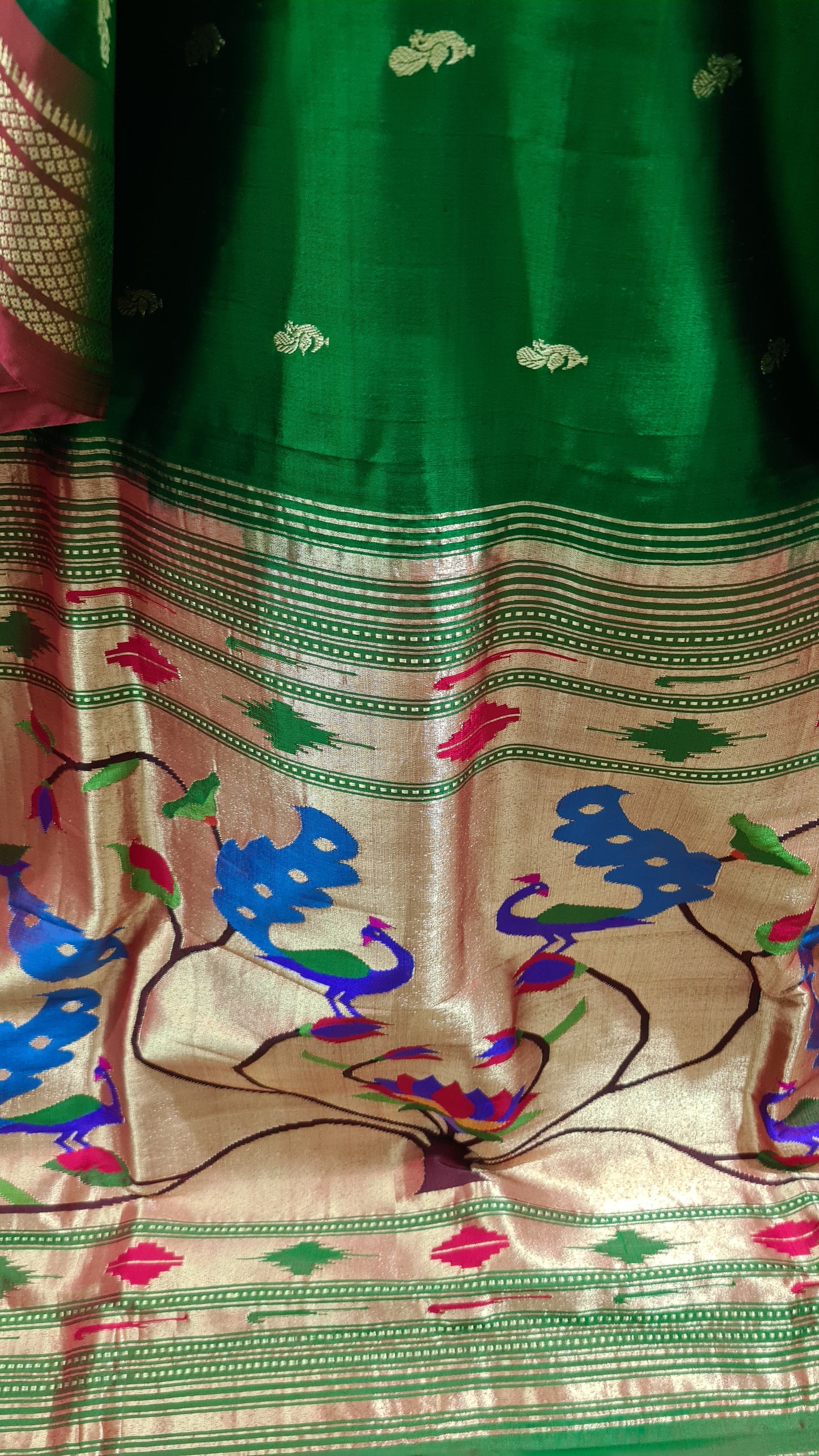 Leaf Green and Vermilion Paithani Silk