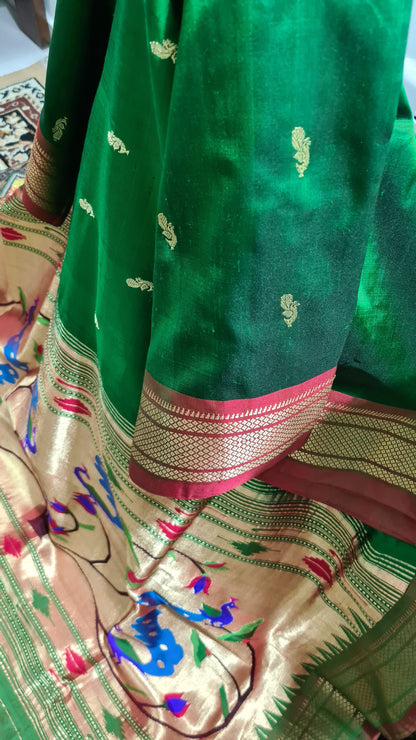 Leaf Green and Vermilion Paithani Silk