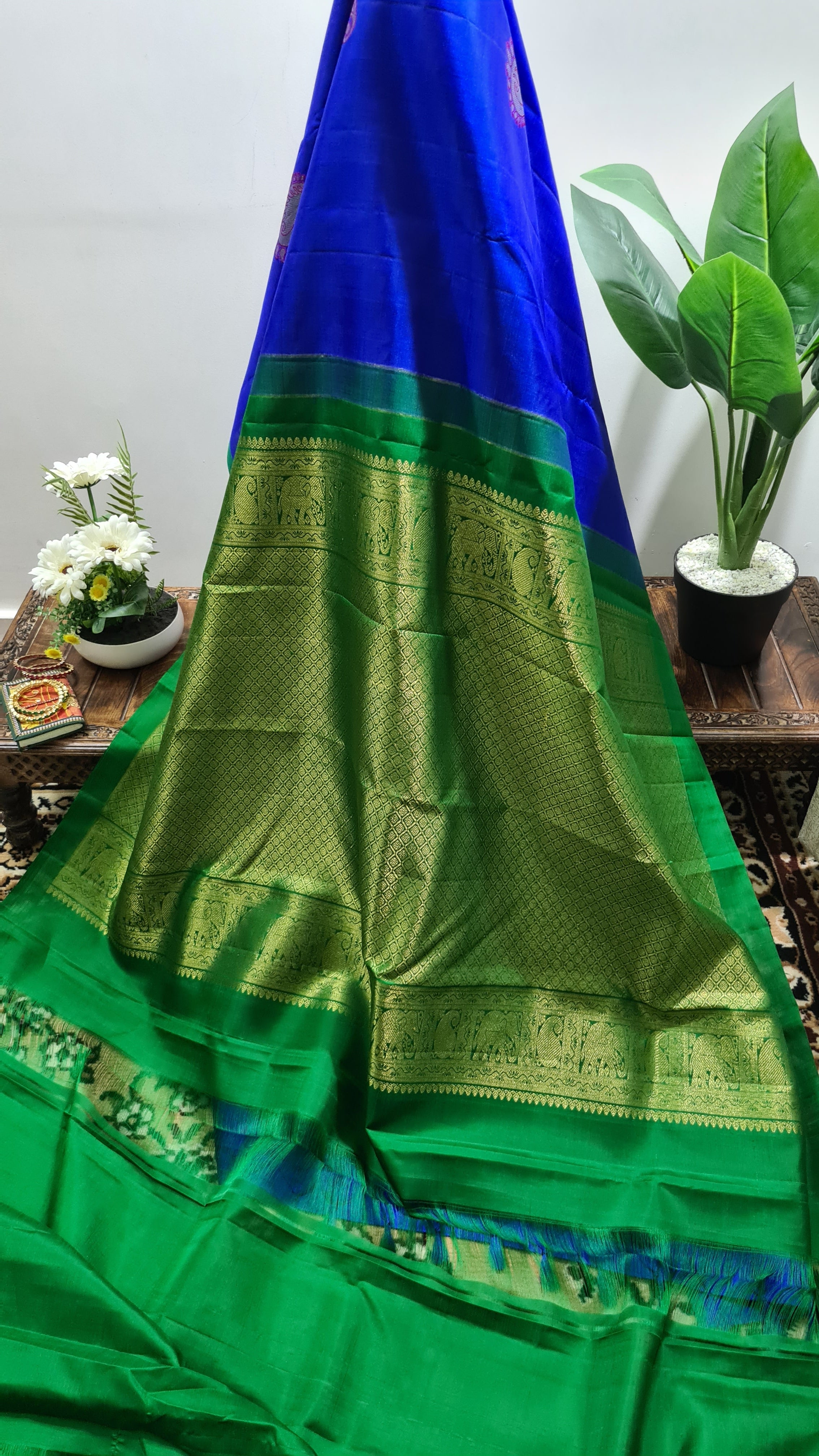 Parrot Green With Royal Blue Banarasi Beautiful Zari Work In Form Of  Traditional Motifs Soft Silk Saree