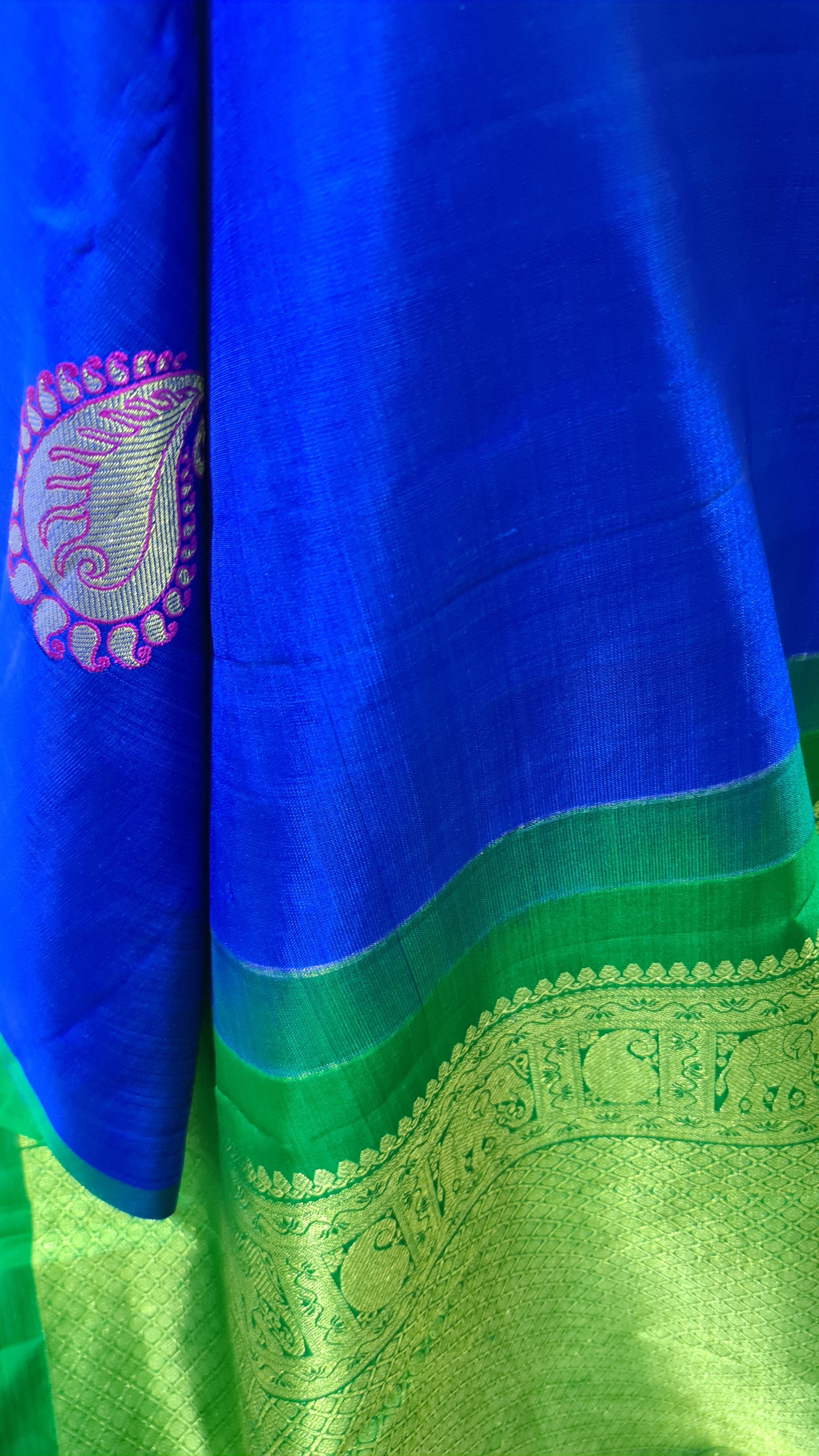 Royal Blue and Clover Green Kanchipuram Silk Saree