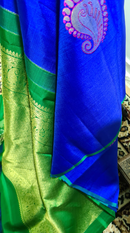 Royal Blue and Clover Green Kanchipuram Silk Saree