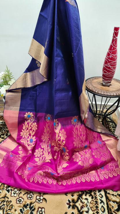 Navy Blue and Fuchsia Pink Kanchipuram Silk Saree