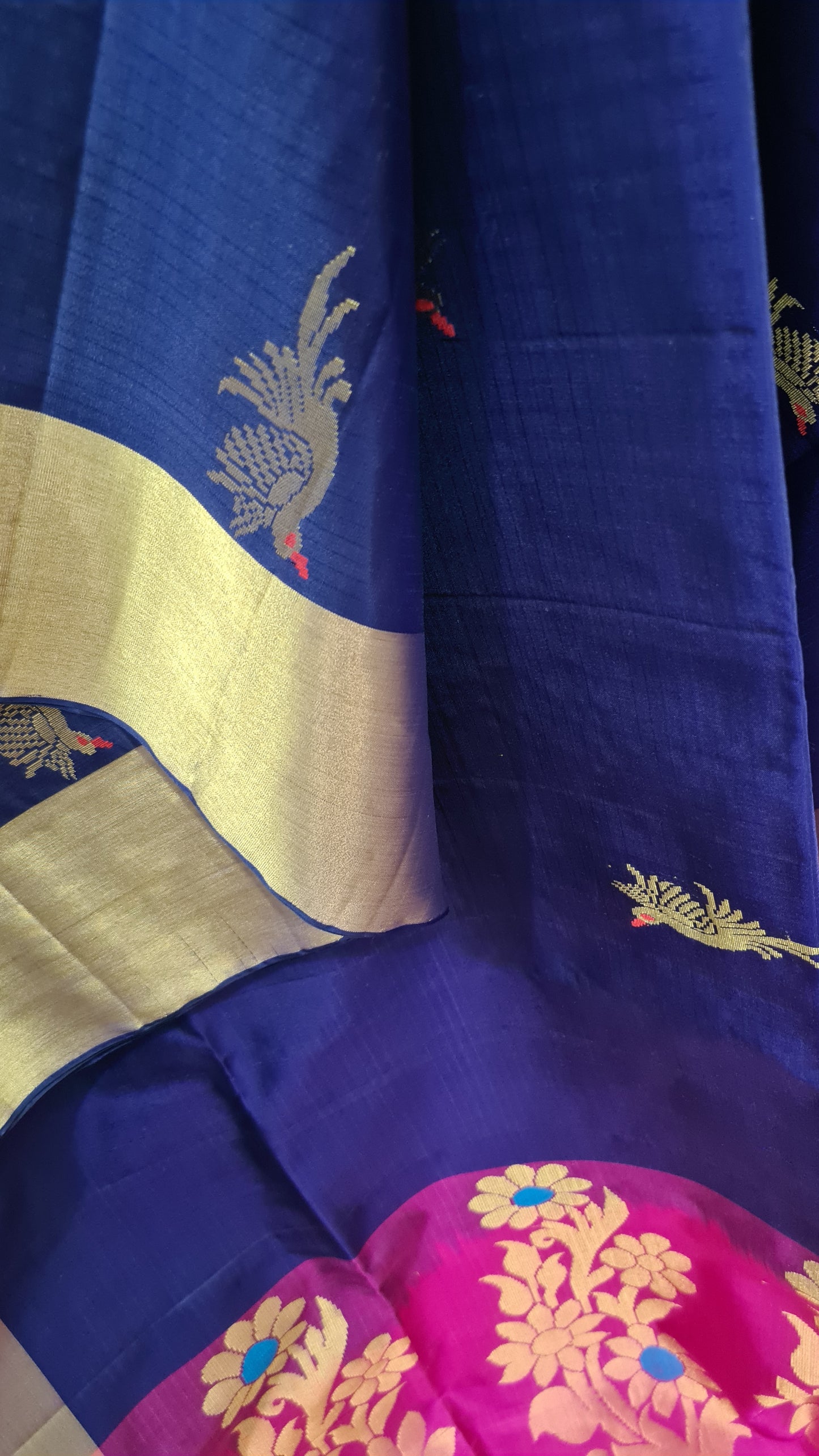 Navy Blue and Fuchsia Pink Kanchipuram Silk Saree