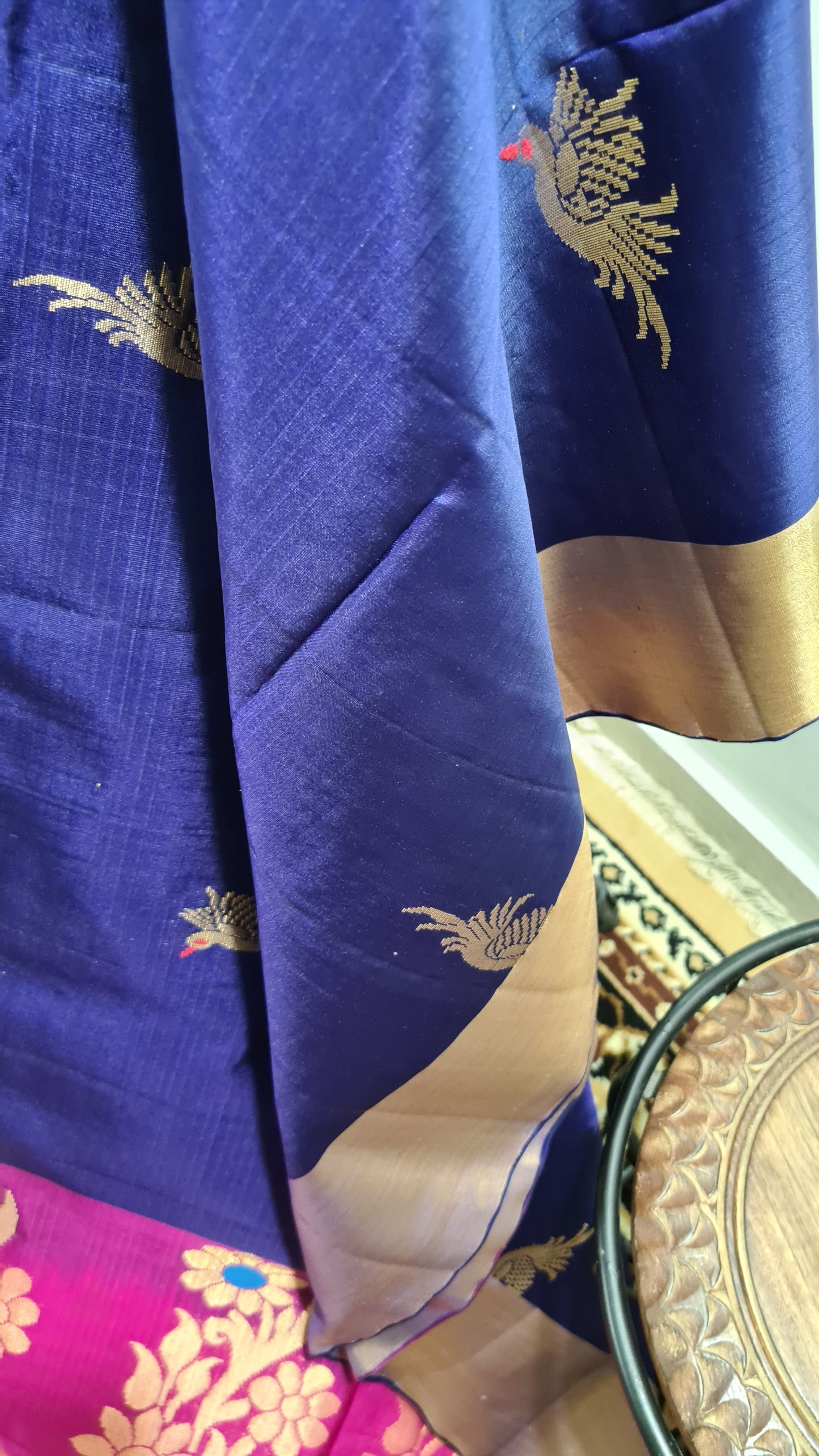 Navy Blue and Fuchsia Pink Kanchipuram Silk Saree