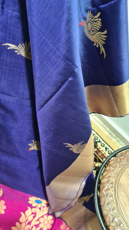 Navy Blue and Fuchsia Pink Kanchipuram Silk Saree