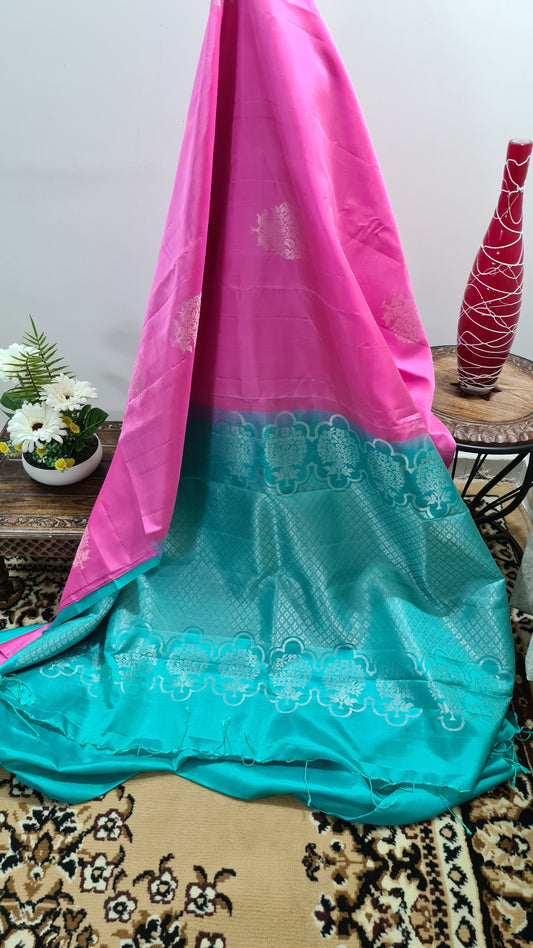 Bubblegum Pink and Turquoise Blue Pure Kanchipuram Silk Saree