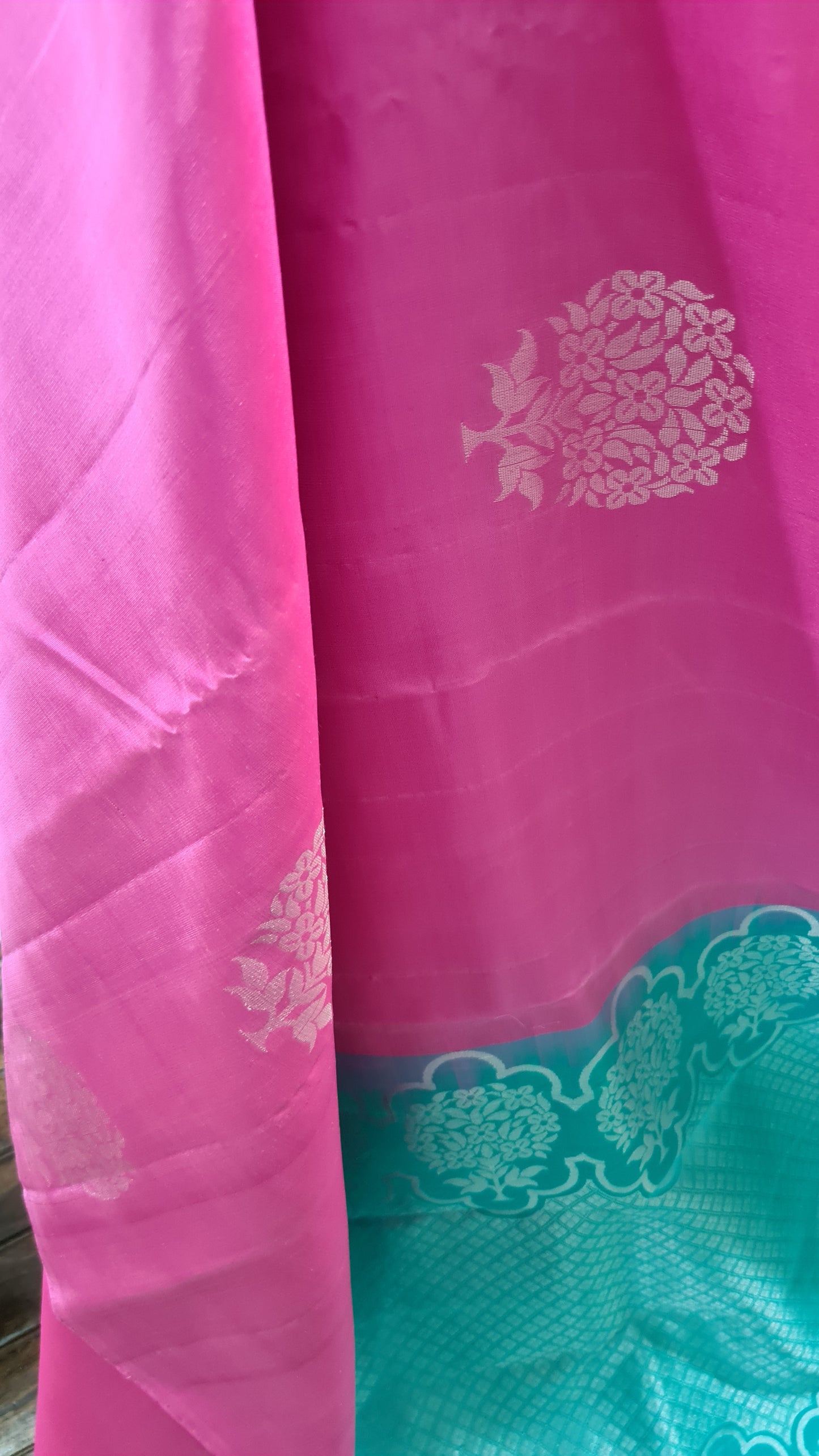 Bubblegum Pink and Turquoise Blue Pure Kanchipuram Silk Saree