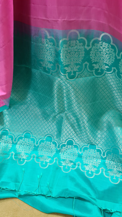 Bubblegum Pink and Turquoise Blue Pure Kanchipuram Silk Saree