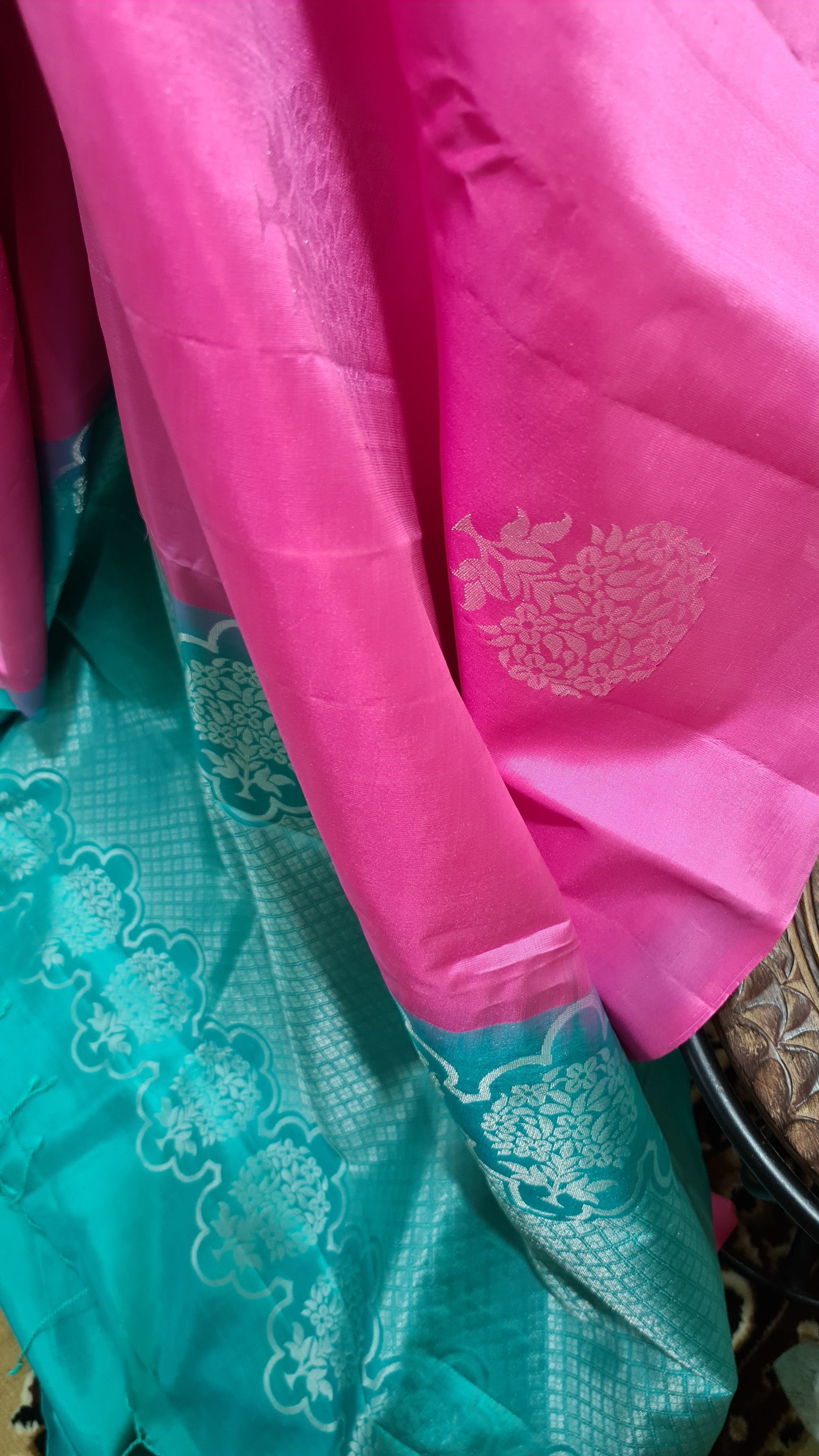 Bubblegum Pink and Turquoise Blue Pure Kanchipuram Silk Saree