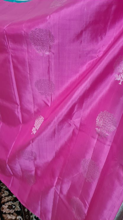 Bubblegum Pink and Turquoise Blue Pure Kanchipuram Silk Saree