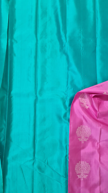 Bubblegum Pink and Turquoise Blue Pure Kanchipuram Silk Saree