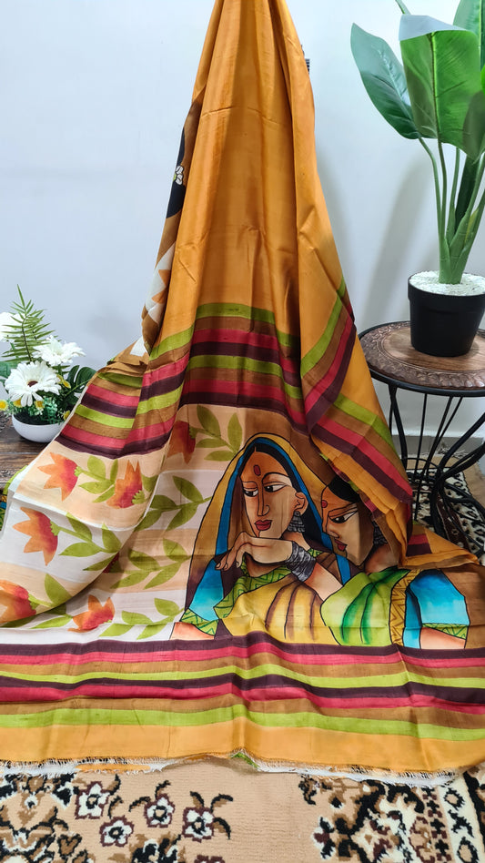 Mustard with Multicolour Border Tussar Silk Saree