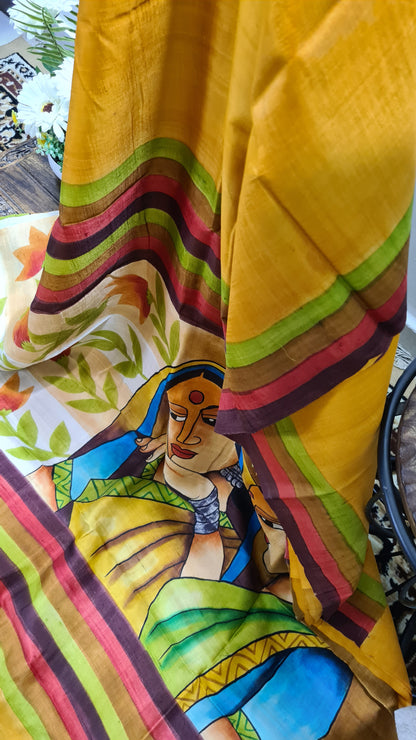 Mustard with Multicolour Border Tussar Silk Saree