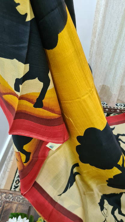 Mustard and Green Tussar Silk Saree