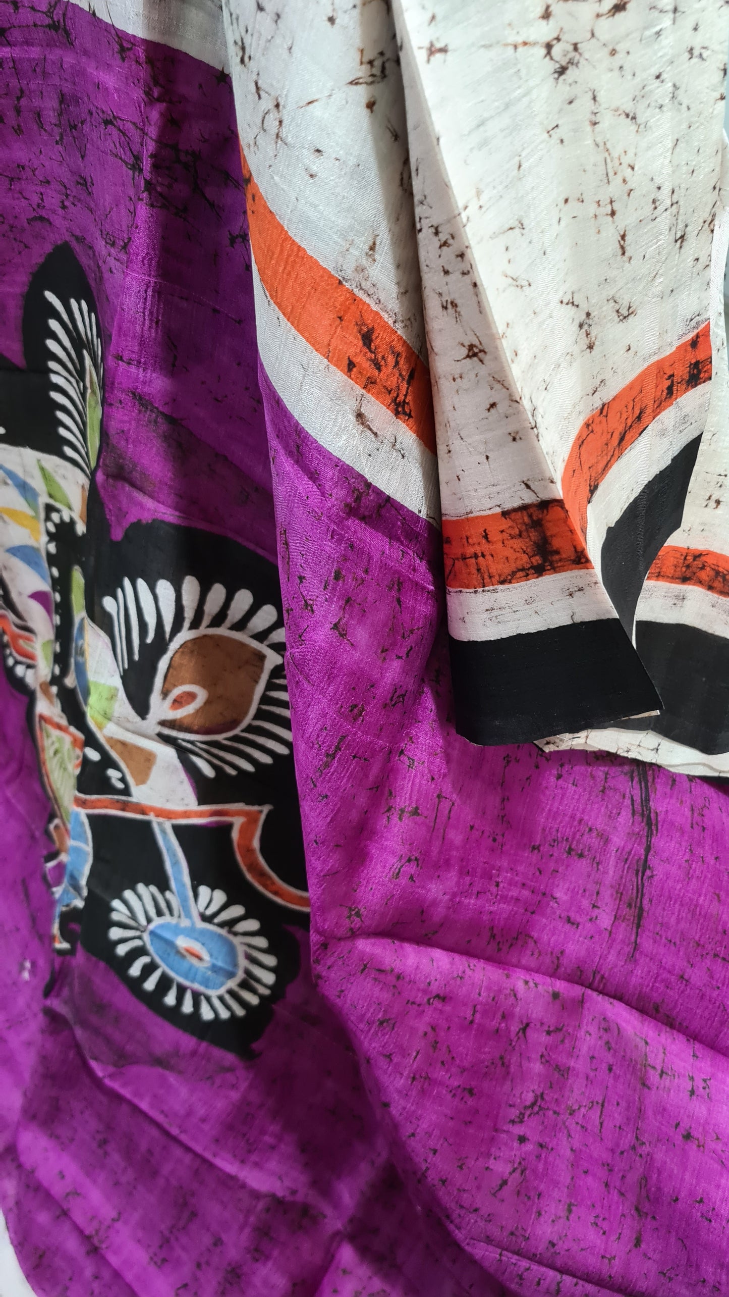 Off-white and Magenta Tussar Silk Saree