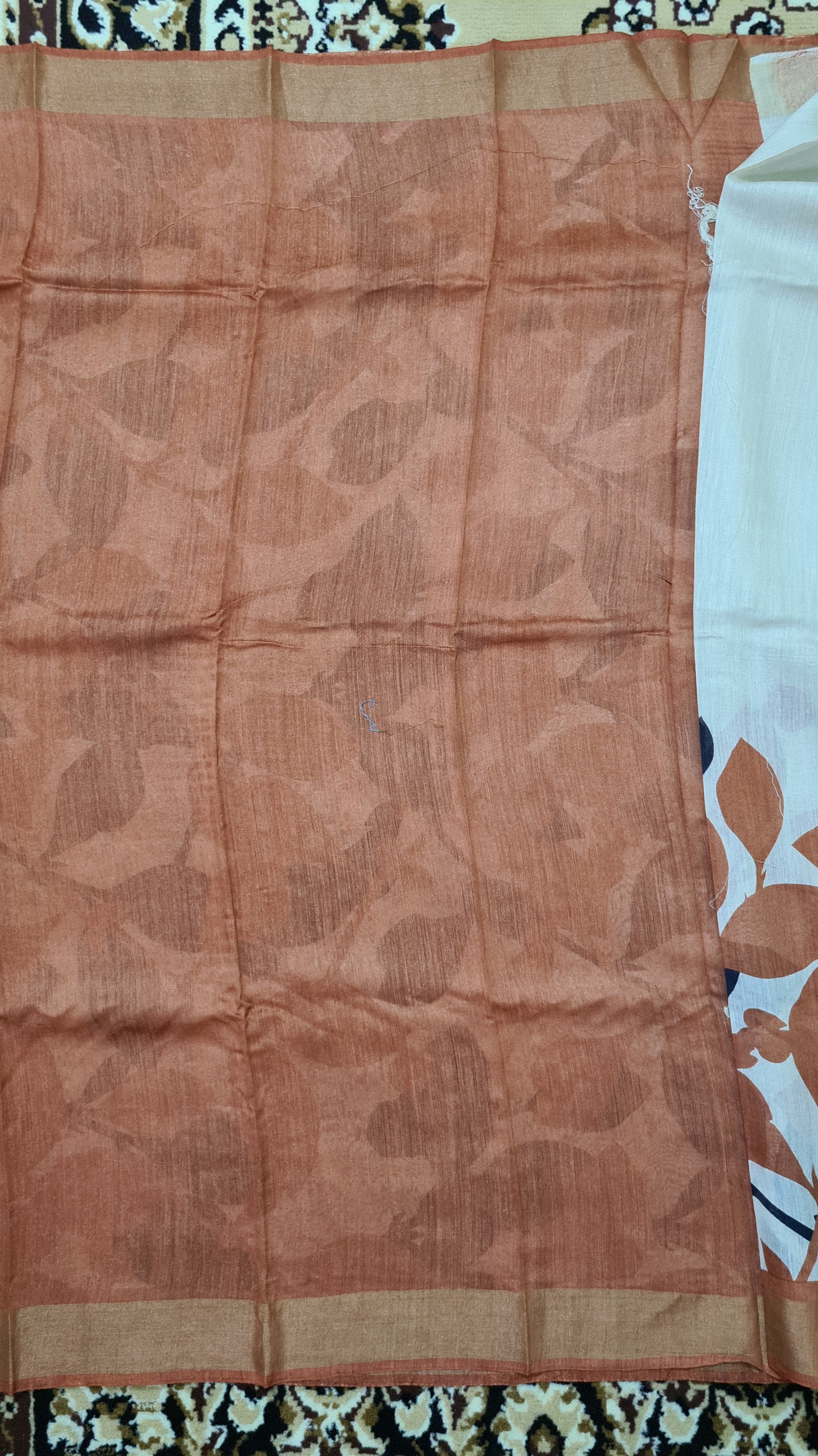 Off-white and Rust Orange Tussar Silk Saree